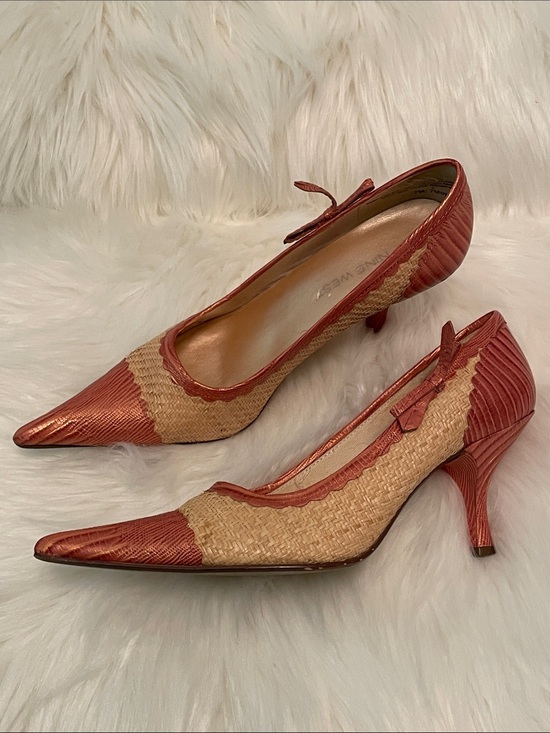 Nine West Shoes - Nine West Metallic Coral and Natural Woven Pointed Kitten Heels 7